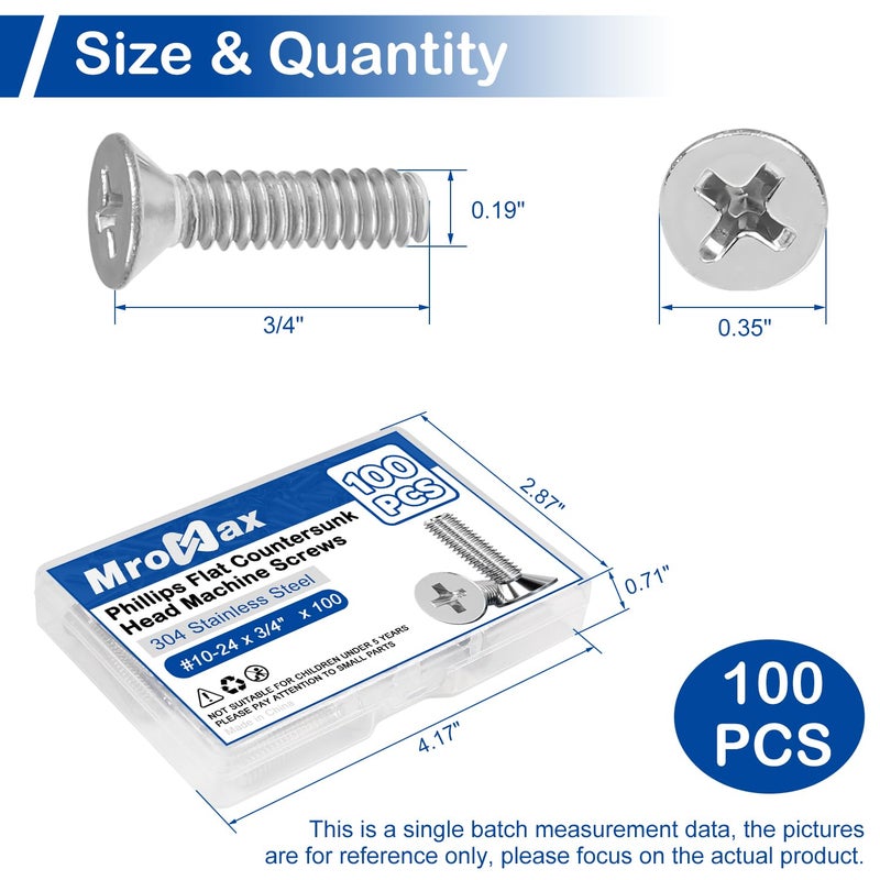 MroMax 100Pcs #10-24 x 3/4" Phillips Flat Head Machine Screws, 304 Stainless Steel(18-8), UNC Coarse Thread, Countersunk Head Machine Screws, Phillips Drive #2 - Image 3